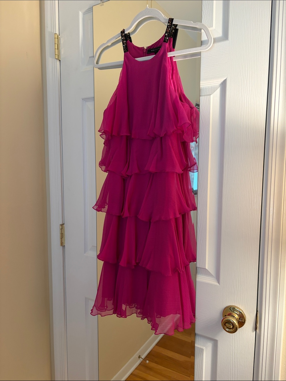 BCBGMaxAzria Fuchsia Tiered Chiffon Dress with Embellished Black Straps